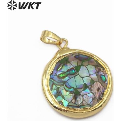 WT-JP106 Round Shape Abalone Shell Pendant Rainbow Color Sea Shell Jewelry Paua Shell Gold Bezel Pendant Bohomia Gift For Her