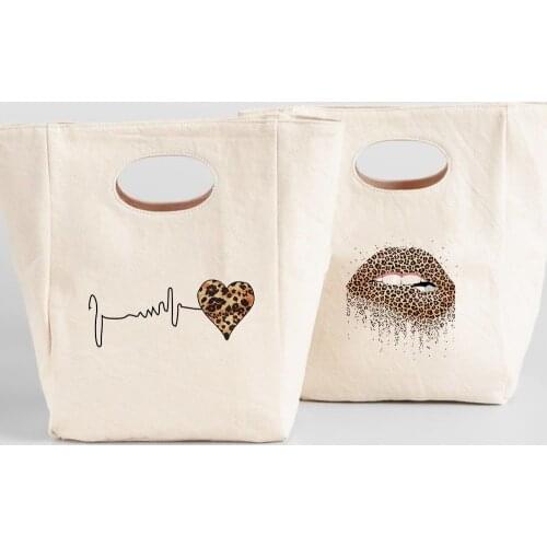 Women Leopard Mouth Lip Kiss Printing Lunch Bag Fashion Girl Canvas Handbags Travel Harajuku Picnic Pouch Foldable Cooler Bag