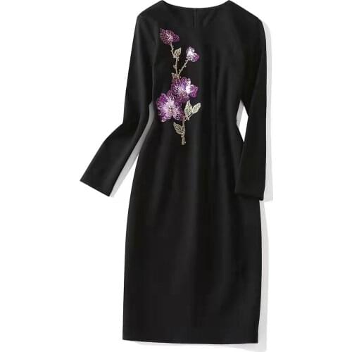 European and American womens wear new autumn 2022 Round neckline long sleeves beaded purple embroidered flowers Fashion dress
