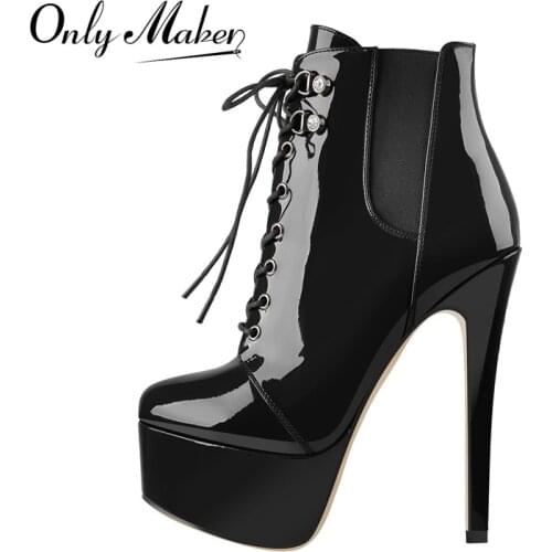 Onlymaker Winter Womens Platform Ankle Booties Thin High Heels Lace Up Patent Leather Shoes Zipper Fashion