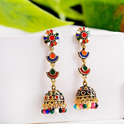 Gypsy Jewelry Jhumka Jhumki Multicolor Beads Tassel Indian Earrings For Women Flower Carved Long Dangle Afghan Egypt Turkish