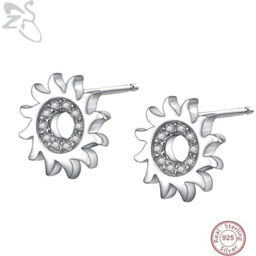 ZS Women Silver 925 Jewelry Fashion AAA Cubic Zirconia Crystal Earrings 925 Sterling Silver Gear Stud Earrings Round Brincos