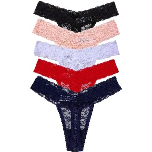 5-Pack Womens Thin Lace Hollowed-Out T-Back Low Waist Ice Silk Sexy Cheeky Thong See-Through Panties