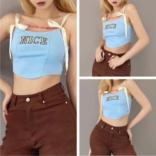 Women Letter Printed Cropped Camisole Shoulder Strap Lace-Up Sleeveless Irregular Hem Slim Fitting Wild Sexy Camis Tops