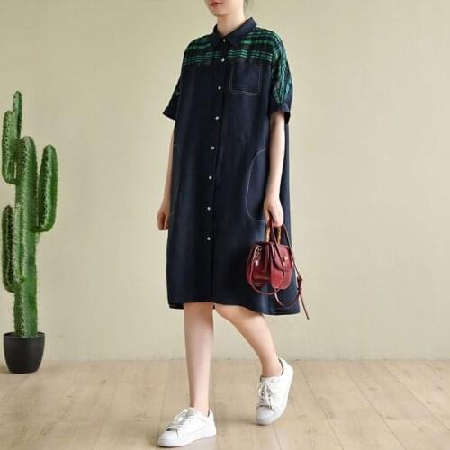 Oversized Women Cotton Linen Casual Shirt Dress New 2021 Summer Simple Style Patchwork Loose Female Knee-length Dresses S3666