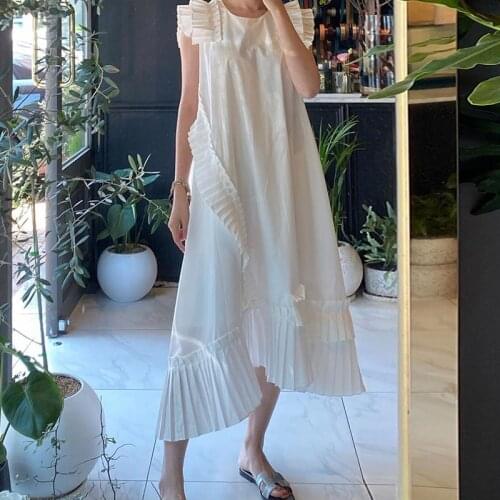 Sannian Women Dress 2020 Summer Design Pressure Pleated Stitching Round Neck Loose Solid Color Irregular Dresses Women Clothes