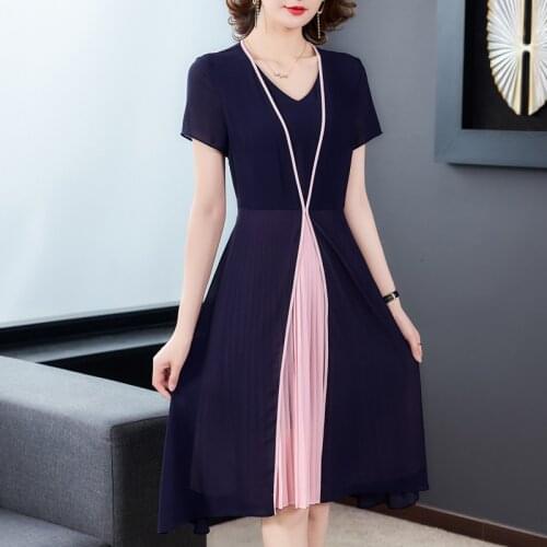 V-neck Chiffon Dress Womens 2020 Summer Fashion Stitching Temperament Short-sleeved Vestidos Split Pleated A-line Dress Q163