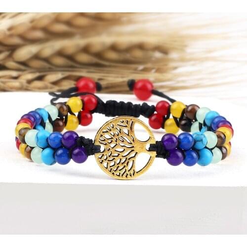 7 Chakra Healing Beaded Bracelet & Bangle Tree of Life Charm OM Reiki Balance Natural Stone Handmade Jewelry Yoga Wrap Bracelets