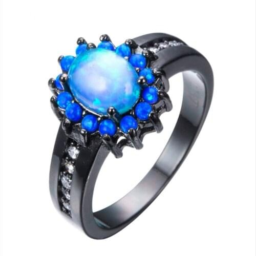 Black Gun Plated Oval Shape 3 Colors Opalite Opal Finger Ring with Rhinestone for Engagement Jewelry