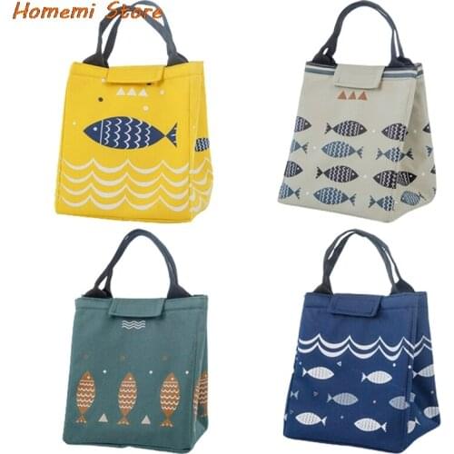 Lunch Box Bag Fish Print Tote Lunch Bags Waterproof Hand Pack Thermal Breakfast Box Portable Picnic Travel