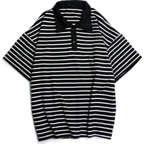 Summer Korean Retro Loose Striped Turn-down Collar Short Sleeve T-shirt