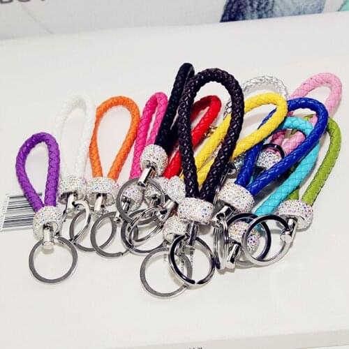 Cartoon Luxury Crystal Keychain Trinket Key Chain For Men Women Leather Strap Rope Metal Ring Car Bag Pendent Charm D331
