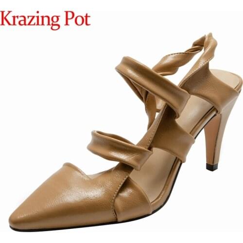 Krazing pot genuine leather pointed toe thin high heels streetwear solid mules beauty lady mature slip on sandals women L51