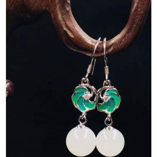 Natural Hetian yu earrings, shaped face modeling earrings, S925 silver inlay, with 4m yu