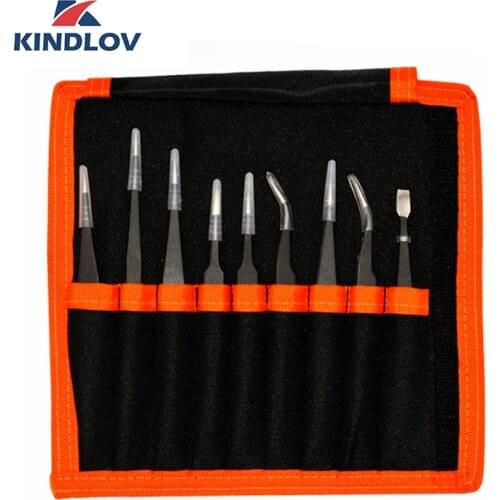KINDLOV 9Pcs ESD Tweezers Kit Precision Tip Curved Straight Tweezers Anti-static Repair Tool Set For Electronic Phone Hand Tools