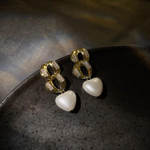 Origin Summer Fashion Love Heart Pearl Dangle Earings for Women Hot Sale Chunky Curb Chain CZ Zirconia Party Jewelry Accessories