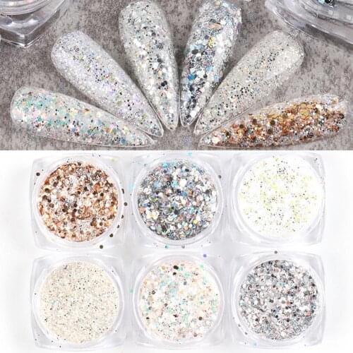 1 Set 6Box Holographic Nail Glitter Set Gold Bottle DIY Flake Nail Art Dust Hexagon Glitter Powder Mermaid Sequins For Nail