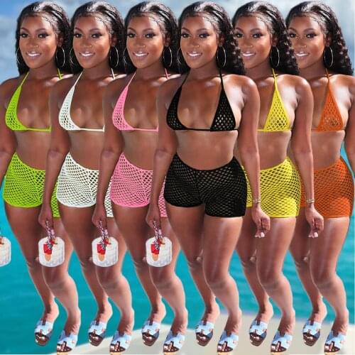 Fishnet Neon Women 3 Piece Set Sexy Beach Swimsuit Bra Crop Top Mini Skirts Panties Suit Sport Bikinis Set Holiday Bikini Wear