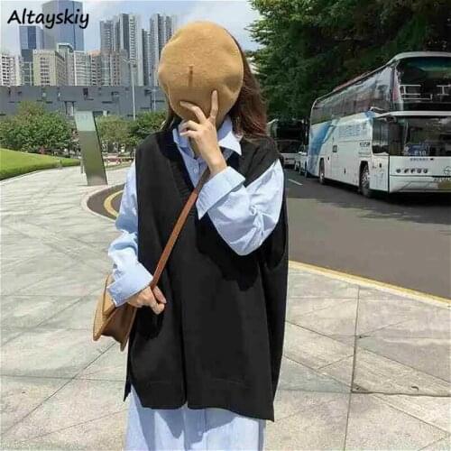 Sleeveless Sweater Women Preppy Chic Retro Fall Basic Simple Korean Trendy Girls Knitwear All-match V-neck Ins Harajuku Pullover