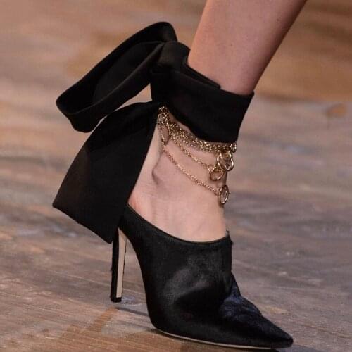 Retro Pointed Toe High-heel Lace-up Shoes Women 2021 Autumn Ankle Strap Chain Thin Heels Suede Black Sexy Pumps Wedding Shoes