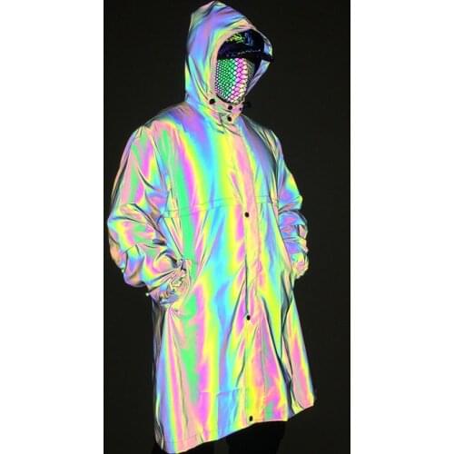 Spring Autumn Colorful Reflective Personality Mens Windbreaker Hip Hop Coat Dance Streetwear Trendy Jacket Waterproof Raincoat