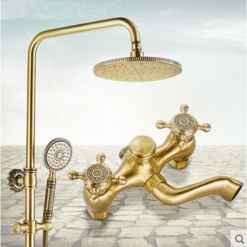 Vidric Bath & Shower Faucets Brass Antique Brass Wall Mounted Rainfall Shower Mixer Taps Retro Style Dual Handle Bathroom Shower
