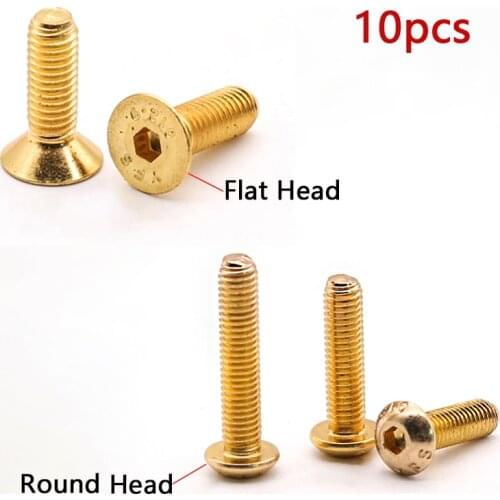 10pcs Grade 12.9 Flat/Round Head Socket Screw M2 M2.5 M3 M4 M5 Titanium Plating Gold Allen Key Bolts Screws Length 4-30mm