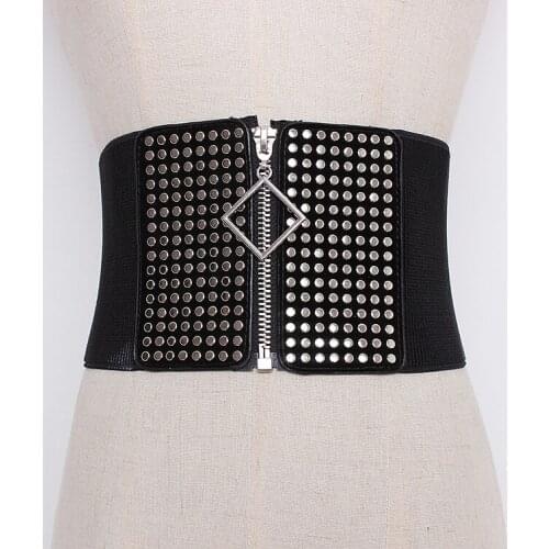 Womens runway fashion pu leather rivet elastic Cummerbunds female Dress Corsets Waistband Belts decoration wide belt TB1209
