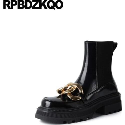 Metal Punk Rock Boots Slip On Big Brand Patent Leather Shoes Chain Chunky Ankle Chelsea Women High Heel Black Trending Platform