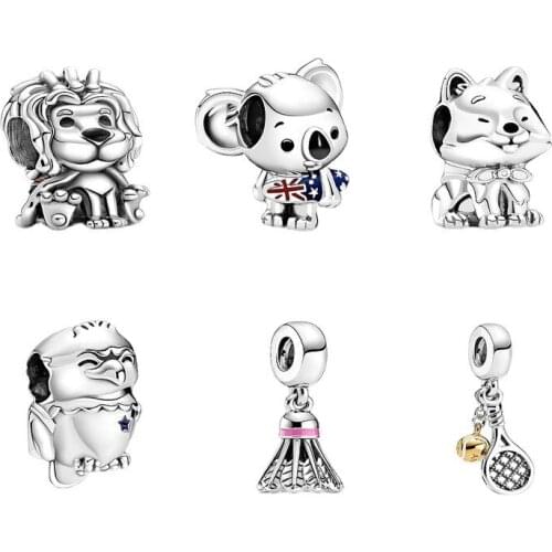 Free Shipping 925 Sterling Silver Koala Akica Inu Dog Bald Eagle Lion Badminton Beads Charm Fit Bracelet For Women DIY Jewelry