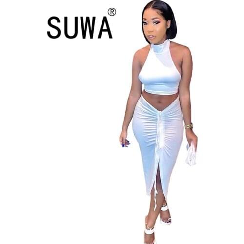 Party Night Club 2 Piece Sets Women Clothing Summer 2021 New Arrival All White Tank Crop Top Sheath Midi Skirts Sexy Dress