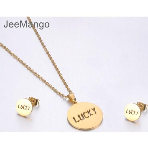 JeeMango Stainless Steel Sets For Women Gold Color Lucky Tag Charm Necklace Earrings For Women Lovers Anniversary Jewelry