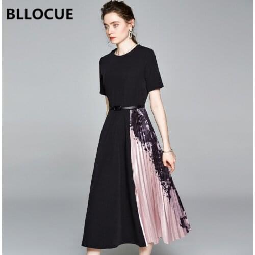BLLOCUE 2020 New Runway Summer Print Pleated Patchwork Dress Women Elegant Office Party Midi Dress With Belt