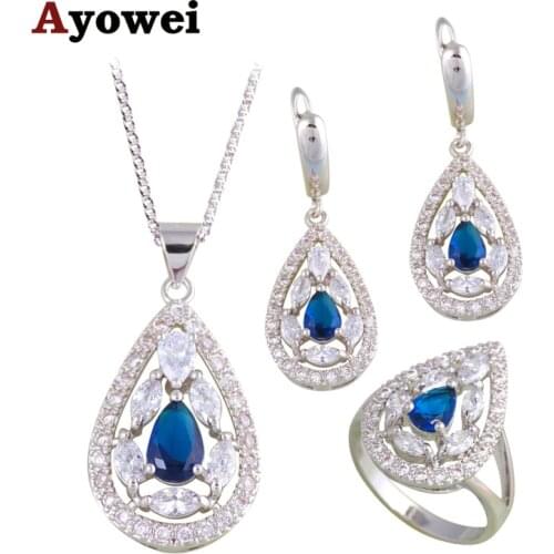 Designers High Quality Blue Zircon Silver Stamped Sets Earrings Pendant Necklace Rings for Women Fashion Jewelry Sets JS681A