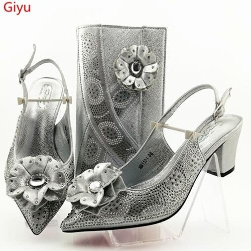 Doershow African lady Wedding Shoes and Bag Set silver Italian Shoes with Matching Bags Nigerian Women party! HGO1-14