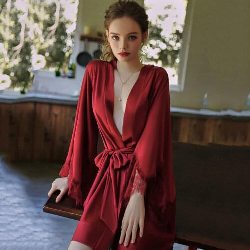 Satin Wedding Robe Gown Women Lace Sleeve Bathrobe Sexy Bridal Kimono Summer Dressing Bridesmaid Lingerie V-Neck Loose Sleepwear