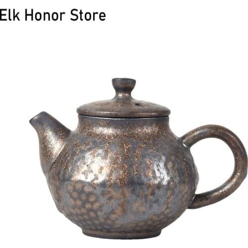 240ml Retro Sprinkle Gold Glaze Ceramic Teapot Handmade Kiln Fambe Hammer Eye Grain Master Cups Puer Personal Pot Gift Packaging