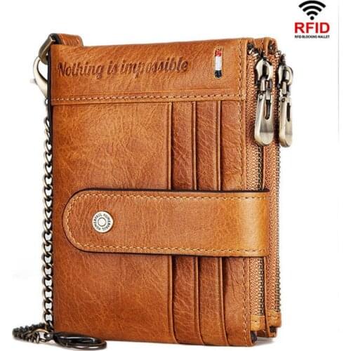 Double Zipper Mens Wallet Crazy Horse Genuine Leather RFID Proof Vintage Chain Wallets Leisure Purse Money Clip Card Holder