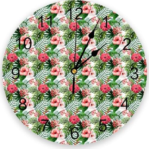 Tropical Jungle Plant Flower Round Wall Clock Modern Design Home Living Room Decoration Childrens Room Kitchen Table Clock