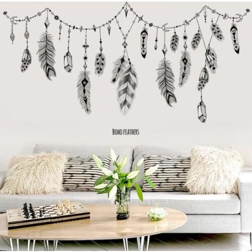 Black boho feathers wall stickers for bedroom living room bathroom bar kitchen wall decor removable art decals mural diy