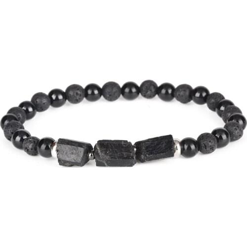 Natural Rough Black Tourmaline Stone Bead Strand Combo 6mm Round Matte Onyx Lava Charm Unisex Bracelet For Women Girls Gift