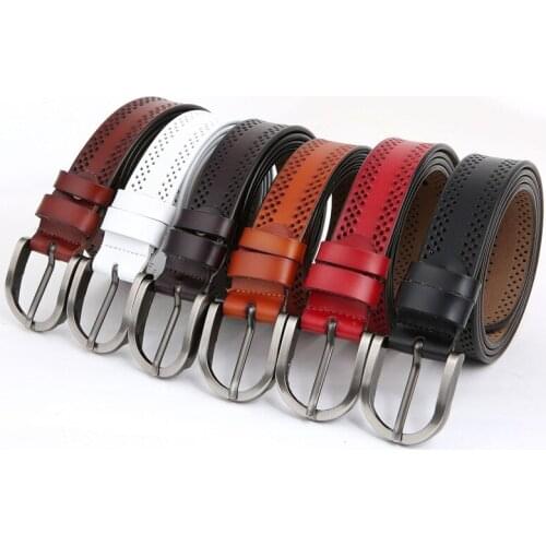 Fashion Genuine Leather Thin Belts For Women Luxury Silver Pin Buckle Belt High Quality Designer Cowhide Casual Hollow Out Strap