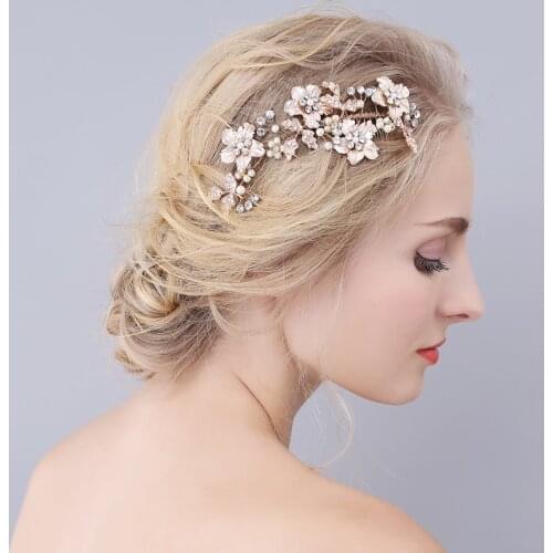 SLBRIDAL Golden Flower Leaf Rhinestones Pearls Wedding Hair Comb Bridal Headpieces Crystal Hair Accessories Bridesmaids Women