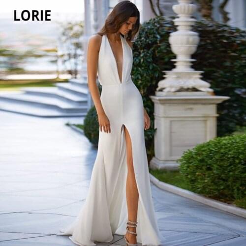LORIE Boho Wedding Dresses Halter Sexy Front Split Soft Satin Mermaid Wedding Gown White Ivory Beach Simple Bridal Dress 2021