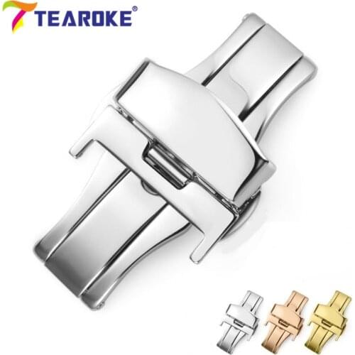 TEAROKE Butterfly Deployment Watch Band Buckle Double Push Button Fold Strap Clasp 12 14 16 18 20 22 24mm Black Rose Gold Silver