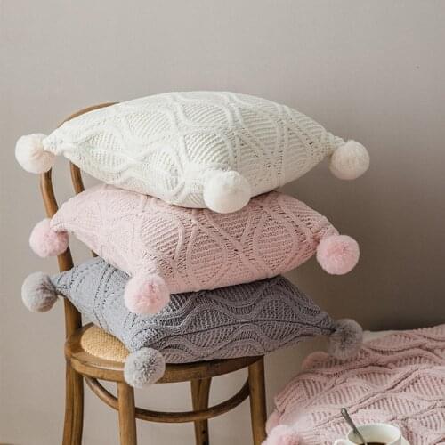 Crochet Chenille Knitted Cushion Cover Pink Beige Grey Pillow Cover with Pompom Home Sofa Bed Living Room 45x45cm Pillowcase