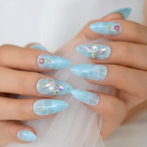 Jewelry Medium Almond Sharp Fake Diamond Rhinestone Pearl Full Cover Fingernail Tips Pre Designs Wave Pattern Wholesale Manicure