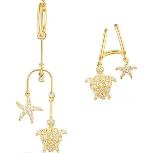 Summer vacation 925 Sterling Silver 18K Gold Asymmetric Starfish & Sea Turtle AB Earrings AAA Micro Cubic Zirconia Women Jewelry