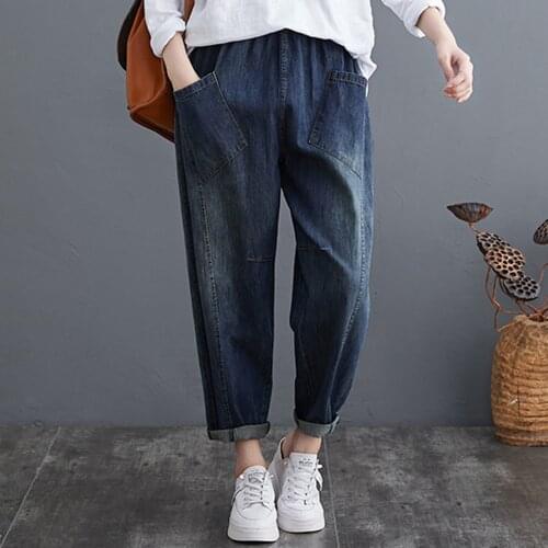 Women Vintage Baggy Jeans Spring Autumn Fashion Elastic Waist Plus Size Jeans Loose Casual Denim Jeans Mujer
