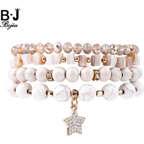BOJIU 4 Pcs/Set Trendy Natural Stone Women Charm Bracelets Brown Crystal White Wood Beads Howlite Star Pendant Bracelet BCSET141